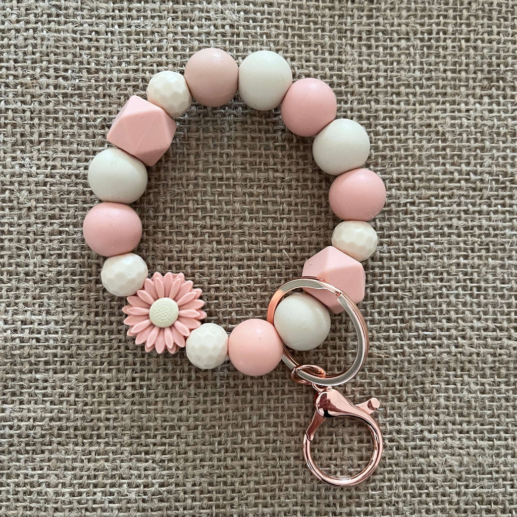 Porte-clés perles en silicone rose & beige – Fleur décorative et mousqueton doré Ma boutique