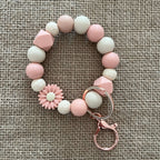 Porte-clés perles en silicone rose & beige – Fleur décorative et mousqueton doré Ma boutique