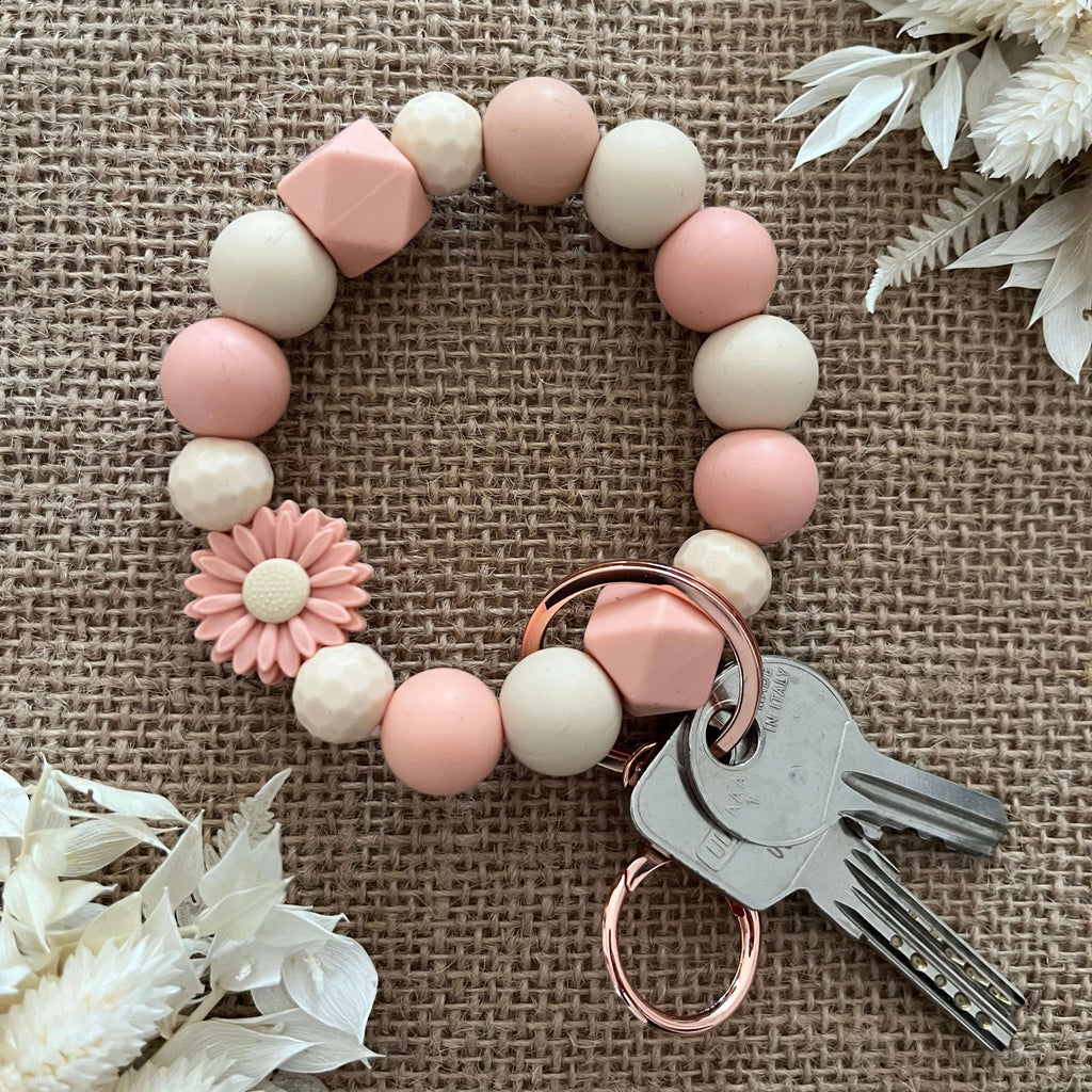 Porte-clés perles en silicone rose & beige – Fleur décorative et mousqueton doré Ma boutique