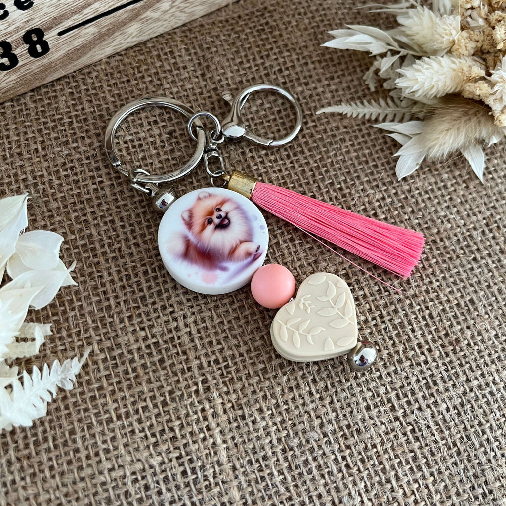 Bijou de sac chien Pomeranian avec pompon rose  pour sac à main Lanyard & Co
