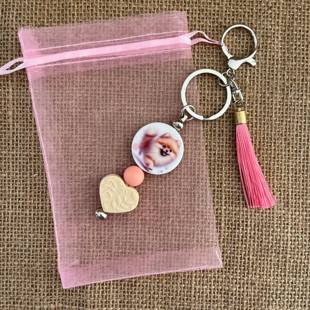 Bijou de sac chien Pomeranian avec pompon rose  pour sac à main Lanyard & Co