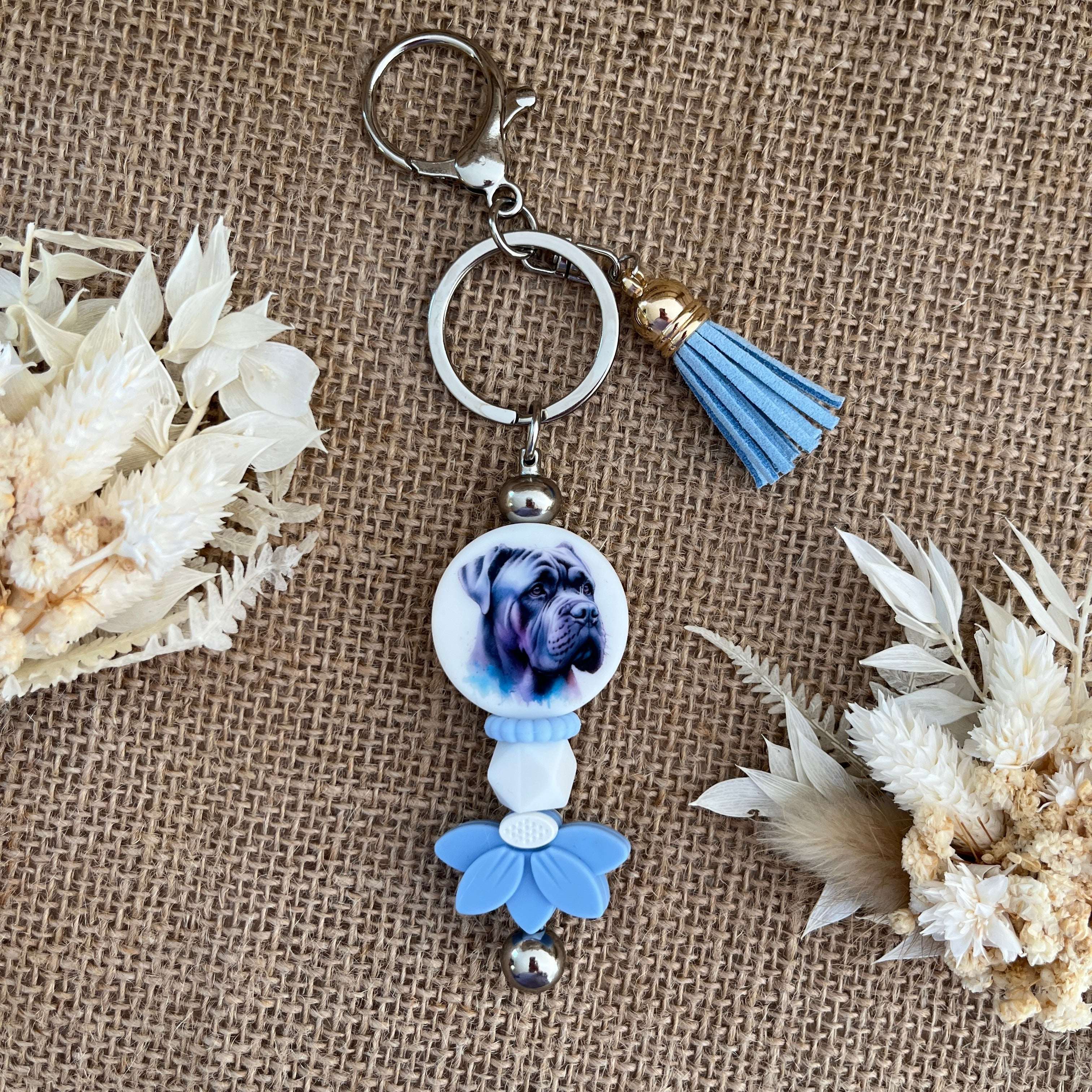 Bijou de sac chien bleu – Porte-clé Bulldog avec pompon Lanyard & Co