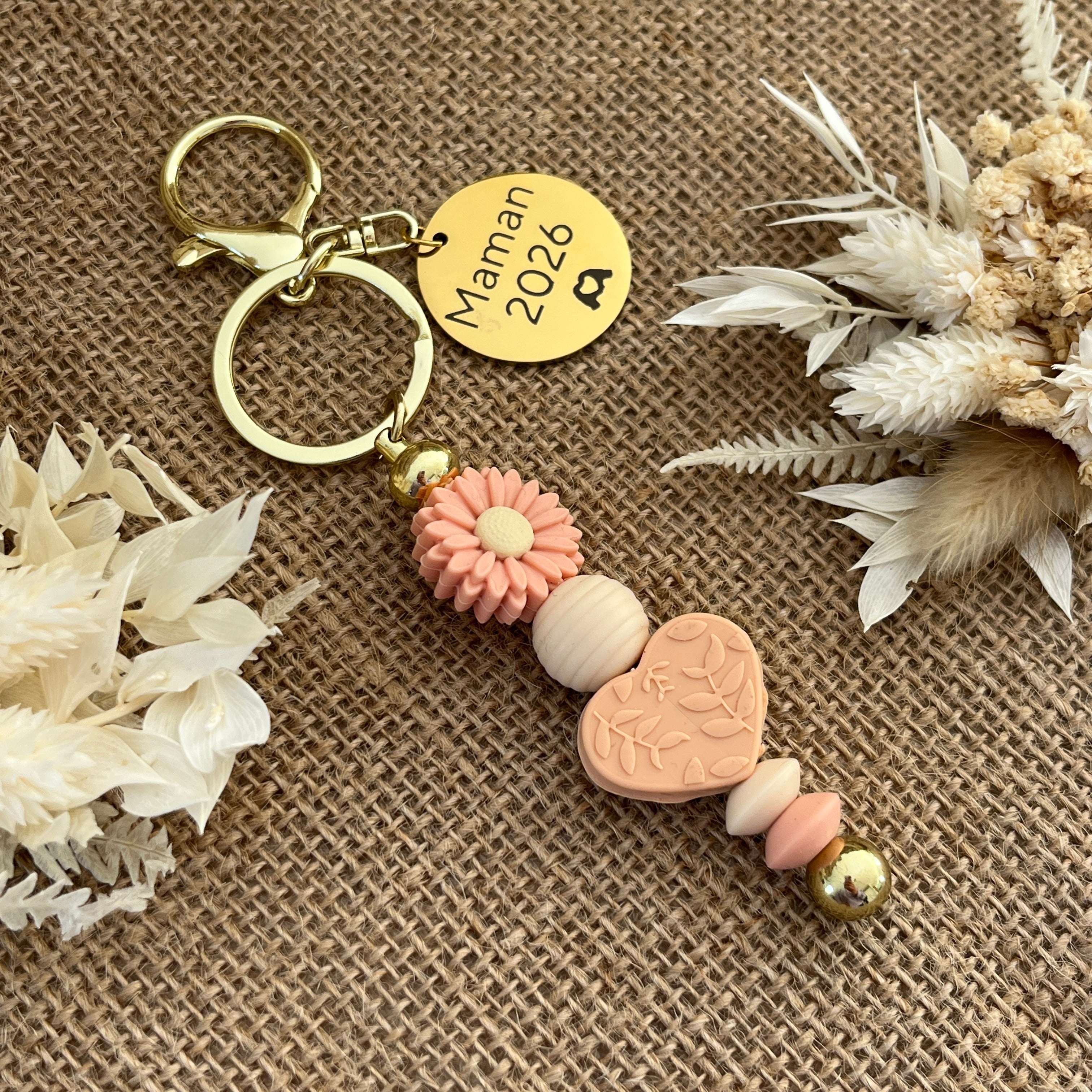 bijou-de-sac-porte-cles-coeur-pêche-bohème-rose-poudré-Lanyard & Co