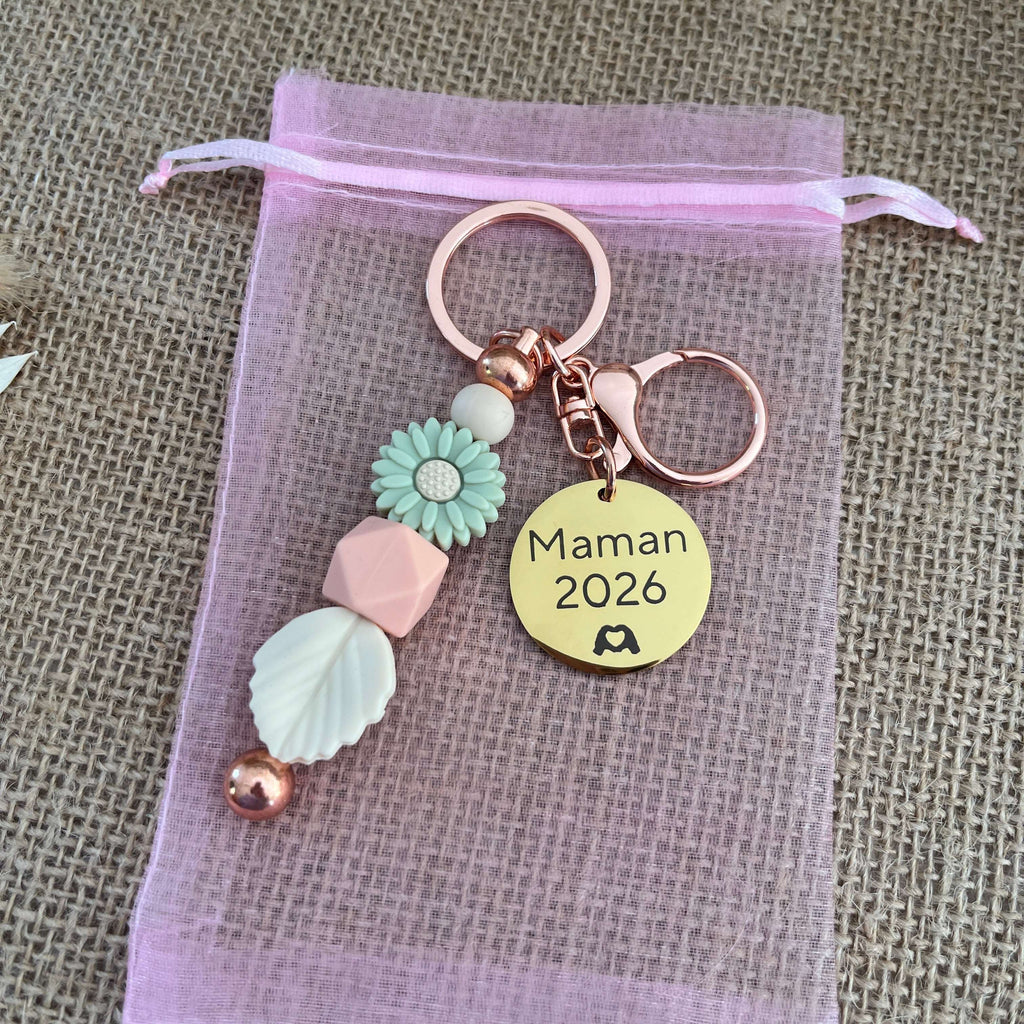 Porte-clé maman 2026 personnalisé fleur pastel – Cadeau maman 