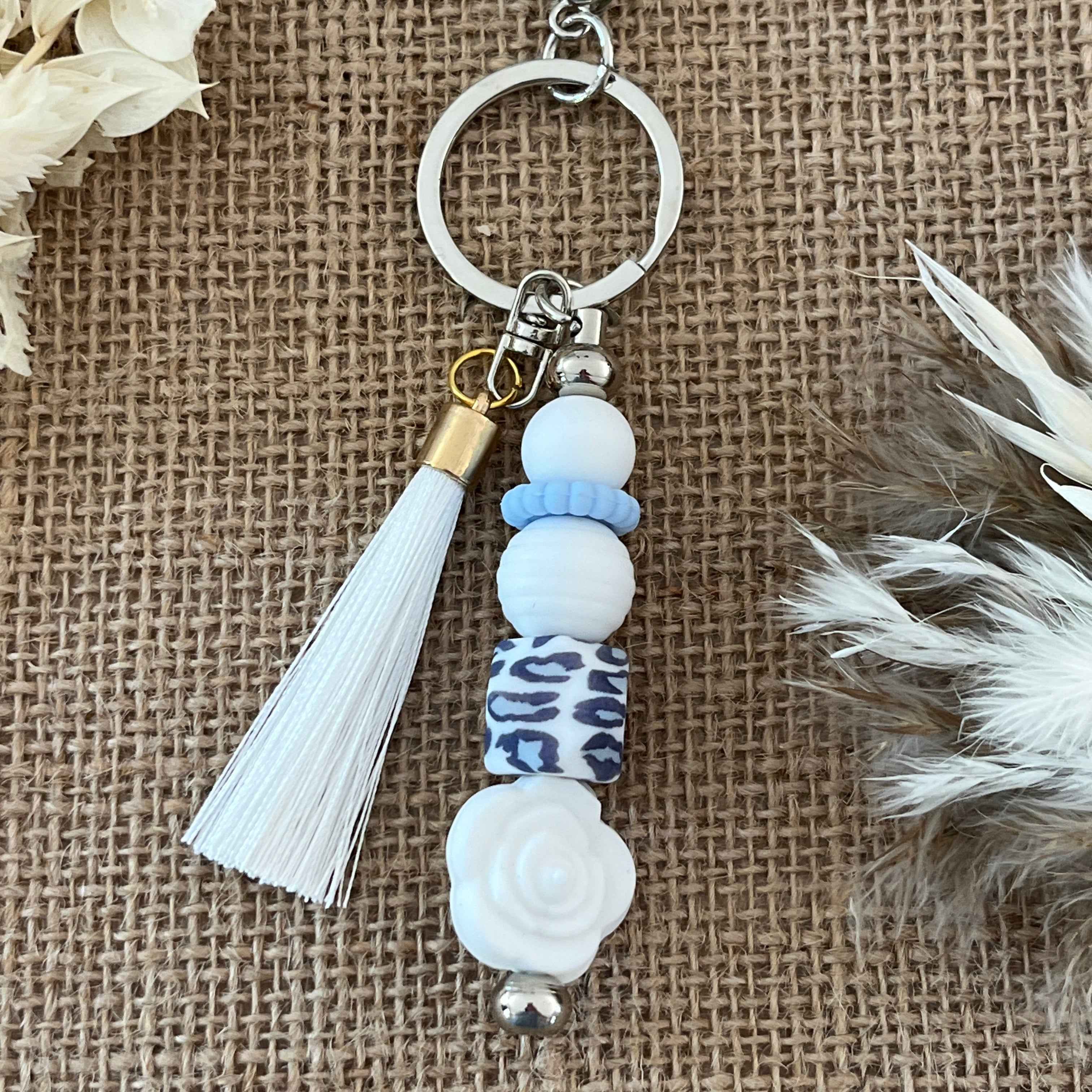 Porte-clés bijou de sac Perle Léopard Bleu 