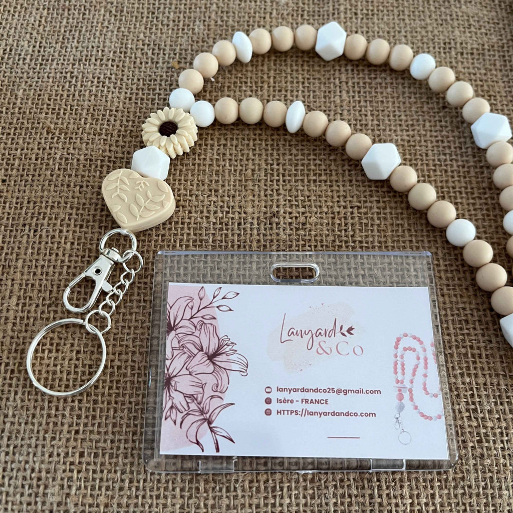 Tour de Cou Porte Badge Crème Blanc – Lanyard Femme en Perles Silicone – Infirmière & Professionnel
