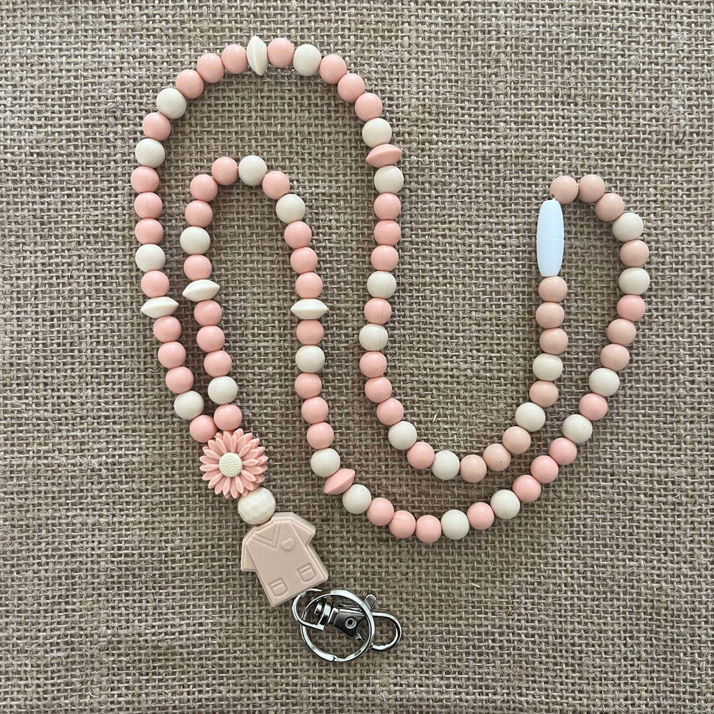 Tour de Cou porte-badge en perles de silicone pêche et beige Lanyard & Co
