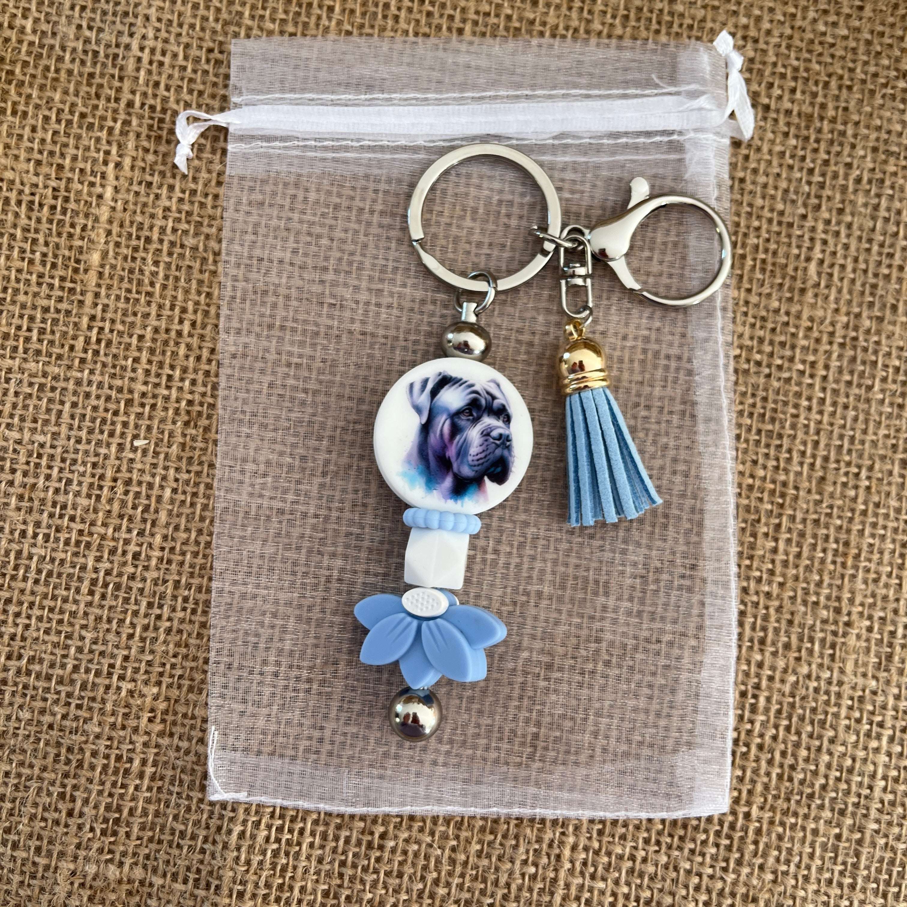 bijou de sac chien cane corso perles silicone bleu fleur decorative