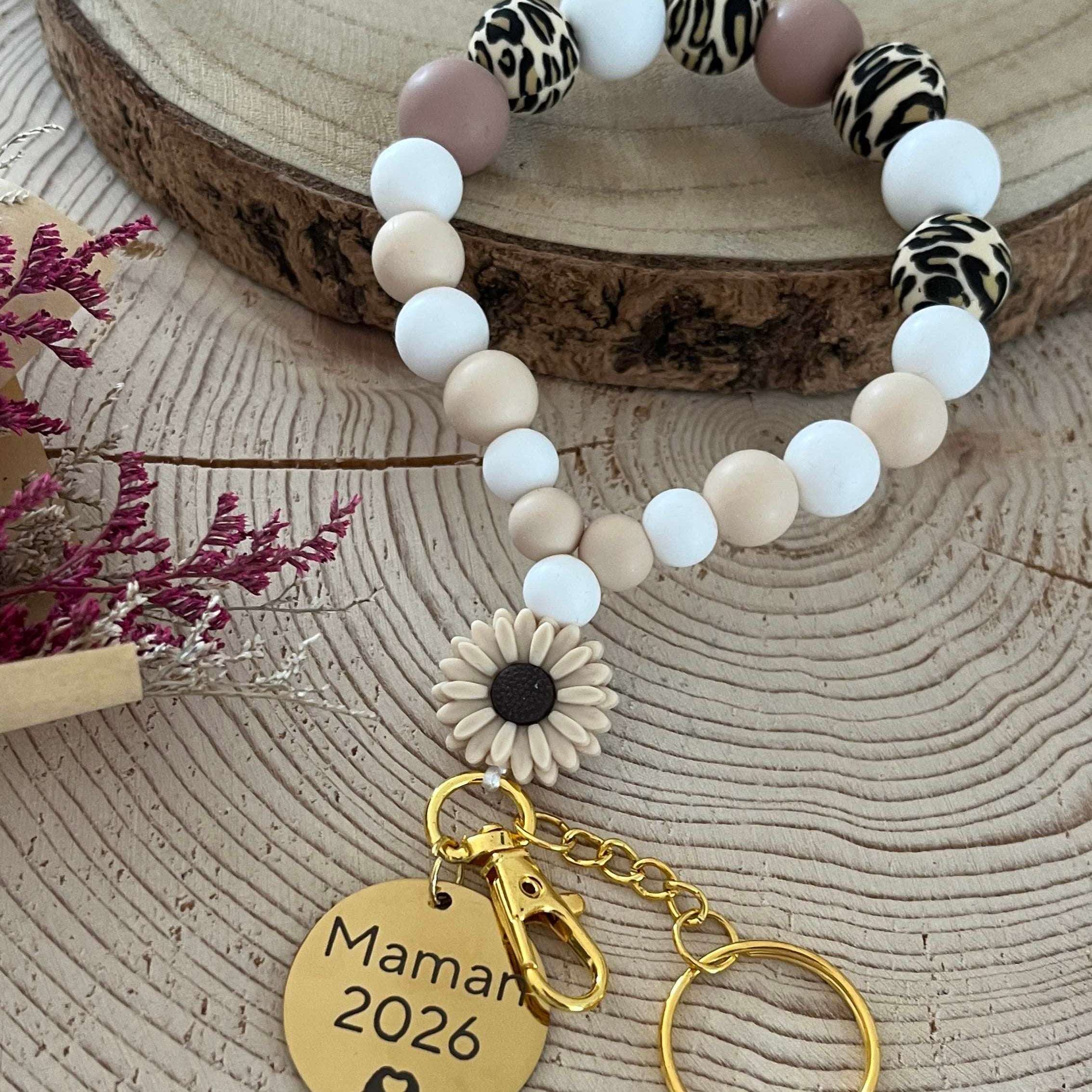 porte cle maman leopard perles silicone cadeau grossesse