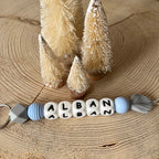 Porte-clés personnalisé en perles de silicone avec prénom, bleu, gris, blanc
