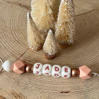 Porte-clés personnalisé en perles de silicone avec prénom, rose, blanc, or rose sur fil blanc