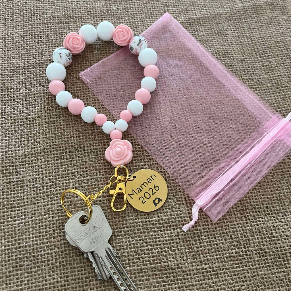 Porte-clés en perles de silicone rose et blanc - Cadeau Maman 2026 Lanyard & Co