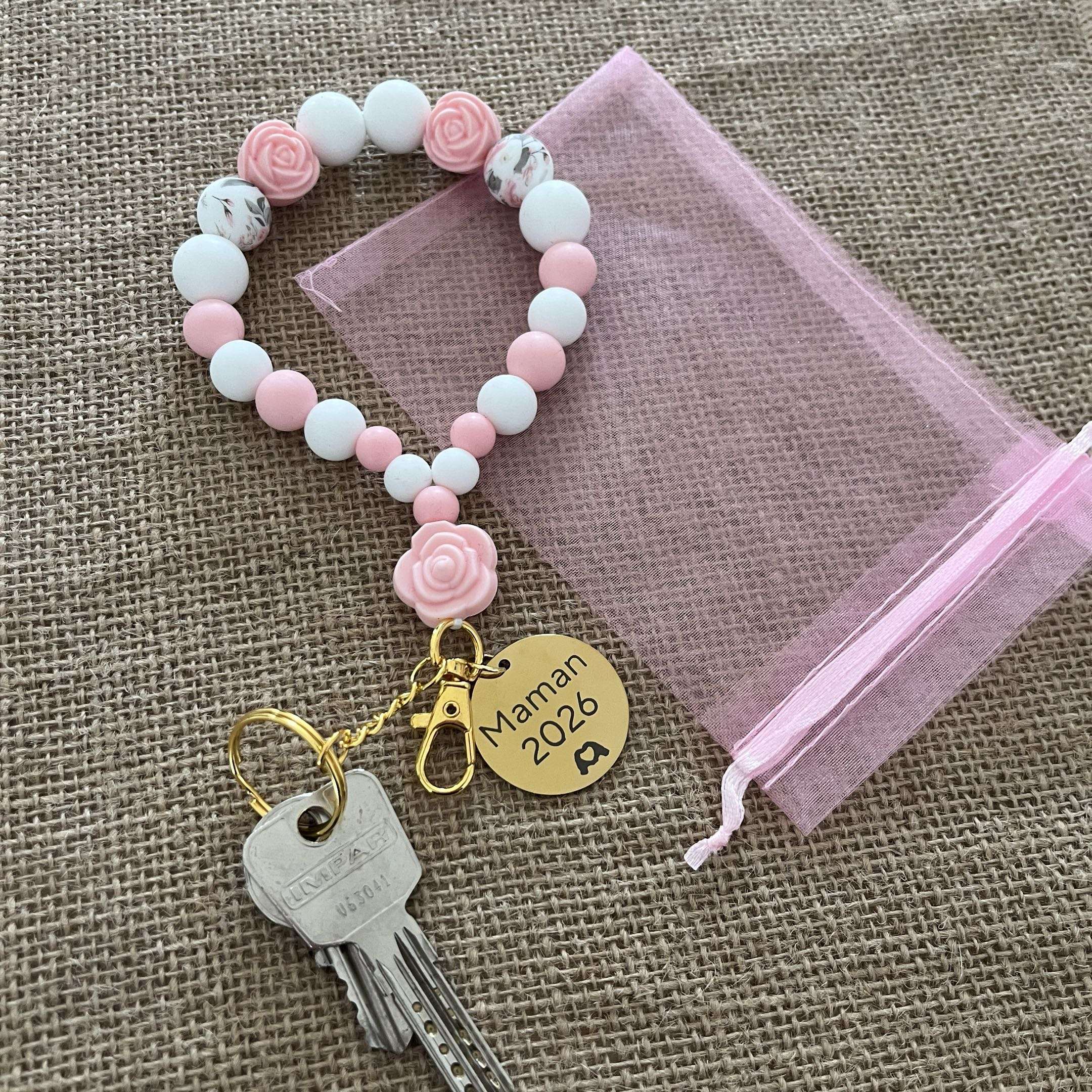 Porte-clés en perles de silicone rose et blanc - Cadeau Maman 2026 Lanyard & Co