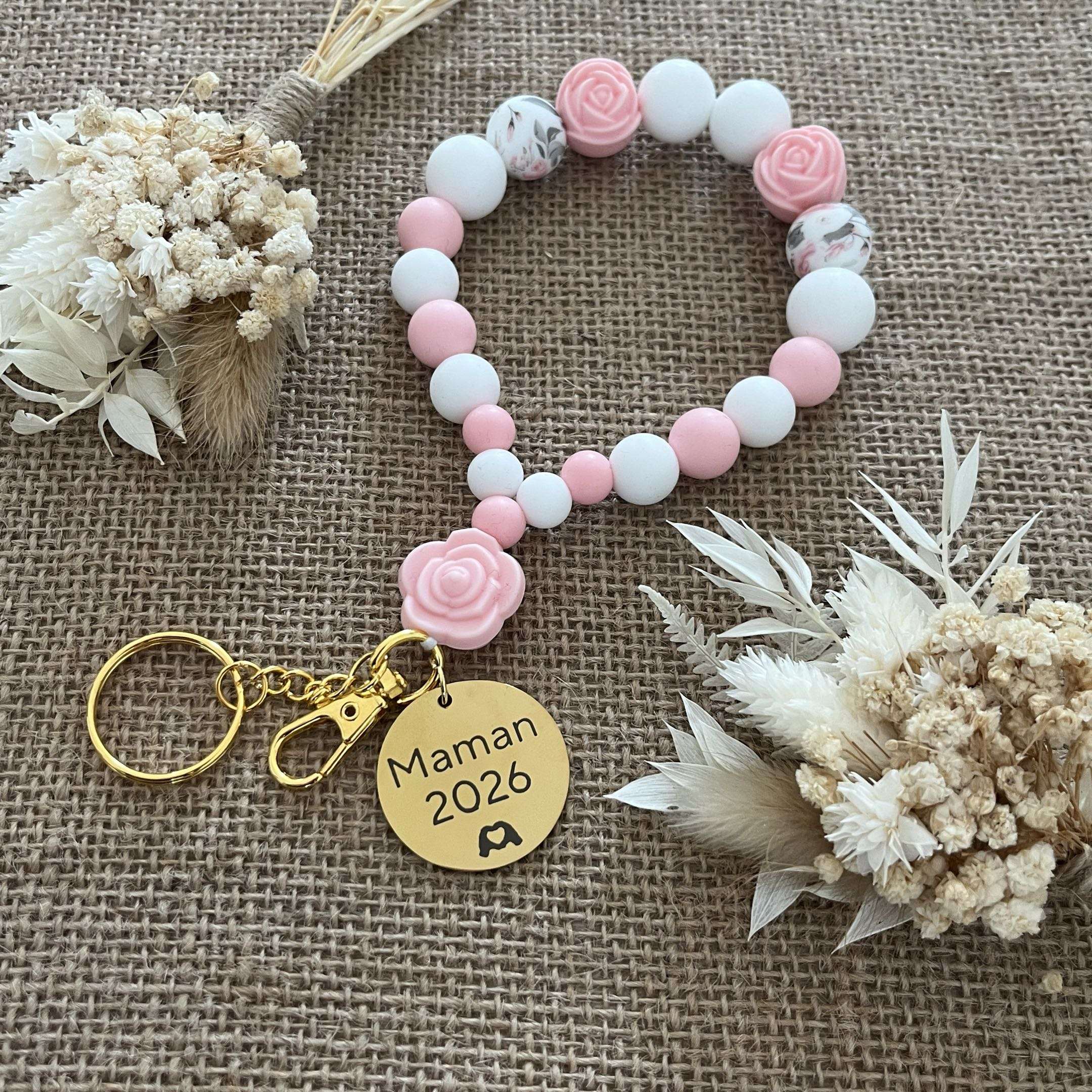 Porte-clés en perles de silicone rose et blanc - Cadeau Maman 2026 Lanyard & Co