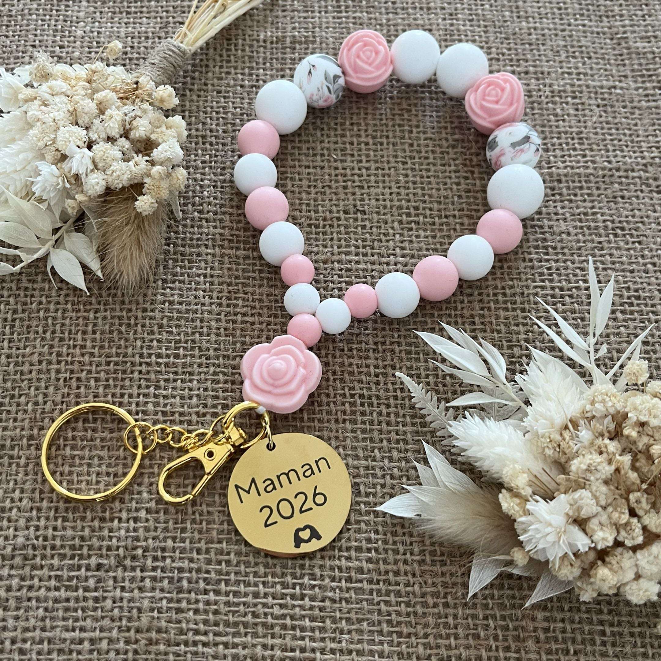Porte-clés en perles de silicone rose et blanc - Cadeau Maman 2026 Lanyard & Co