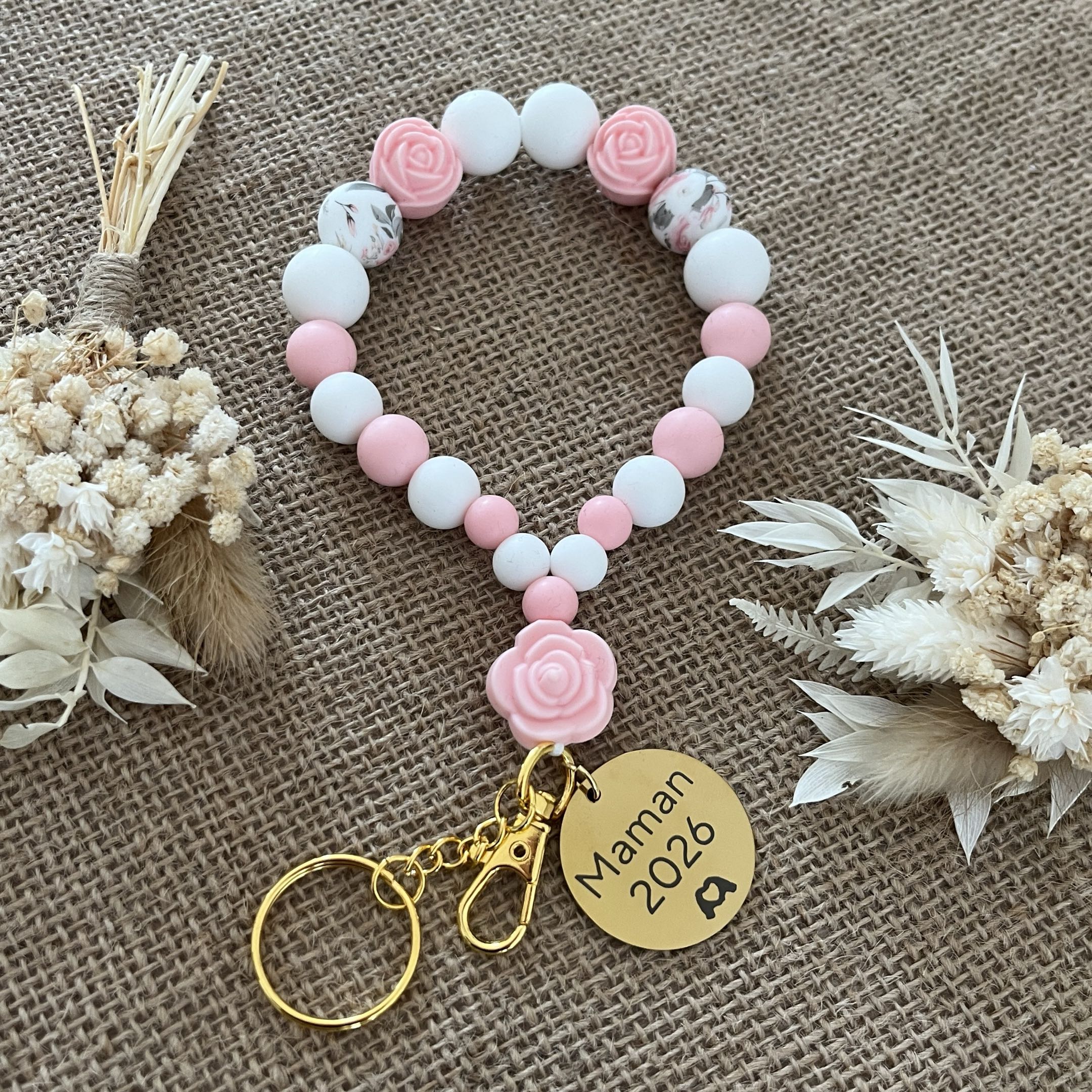 Porte-clés en perles de silicone rose et blanc - Cadeau Maman 2026 Lanyard & Co