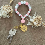 Porte-clés en perles de silicone rose et blanc - Cadeau Maman 2026 Lanyard & Co