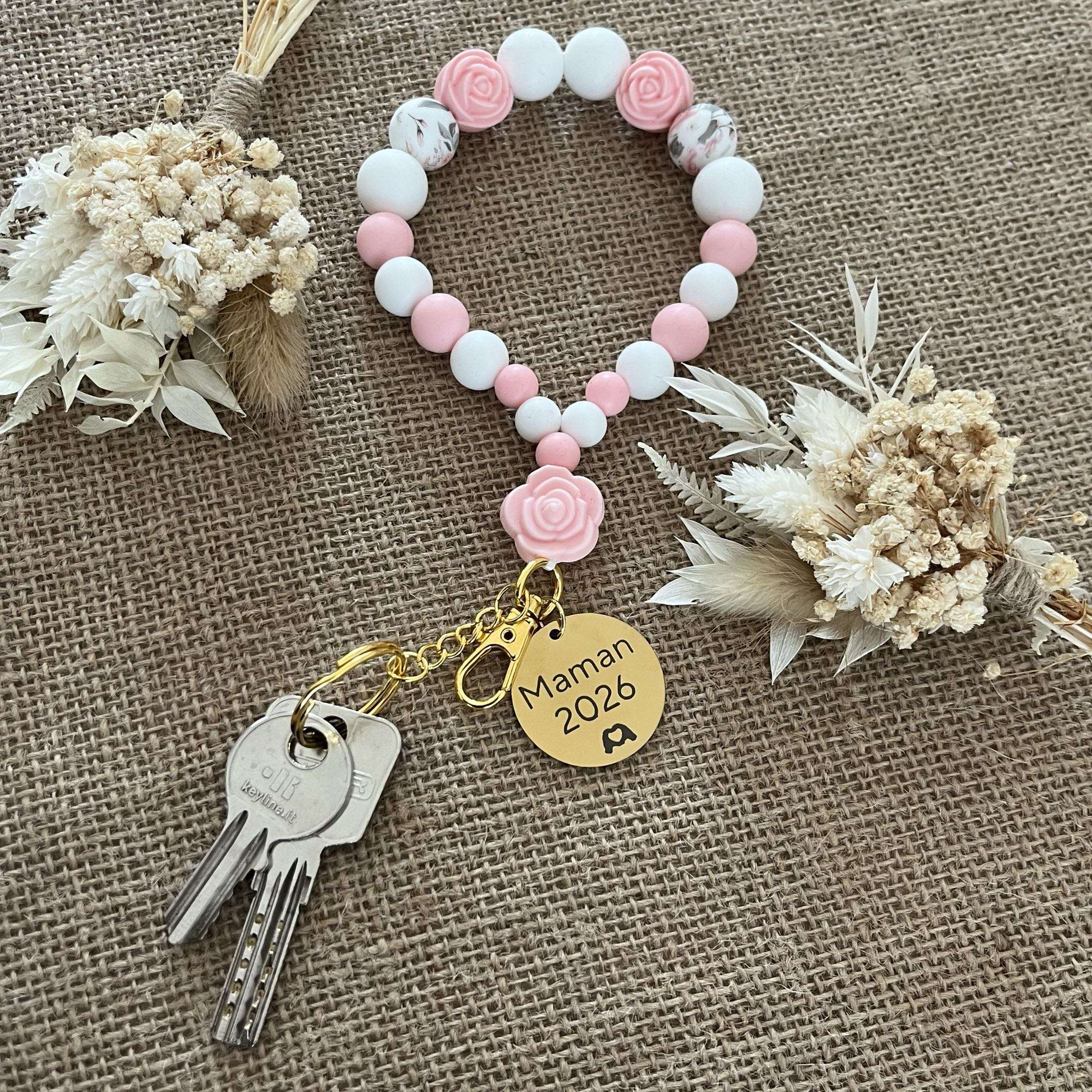 Porte-clés en perles de silicone rose et blanc - Cadeau Maman 2026 Lanyard & Co
