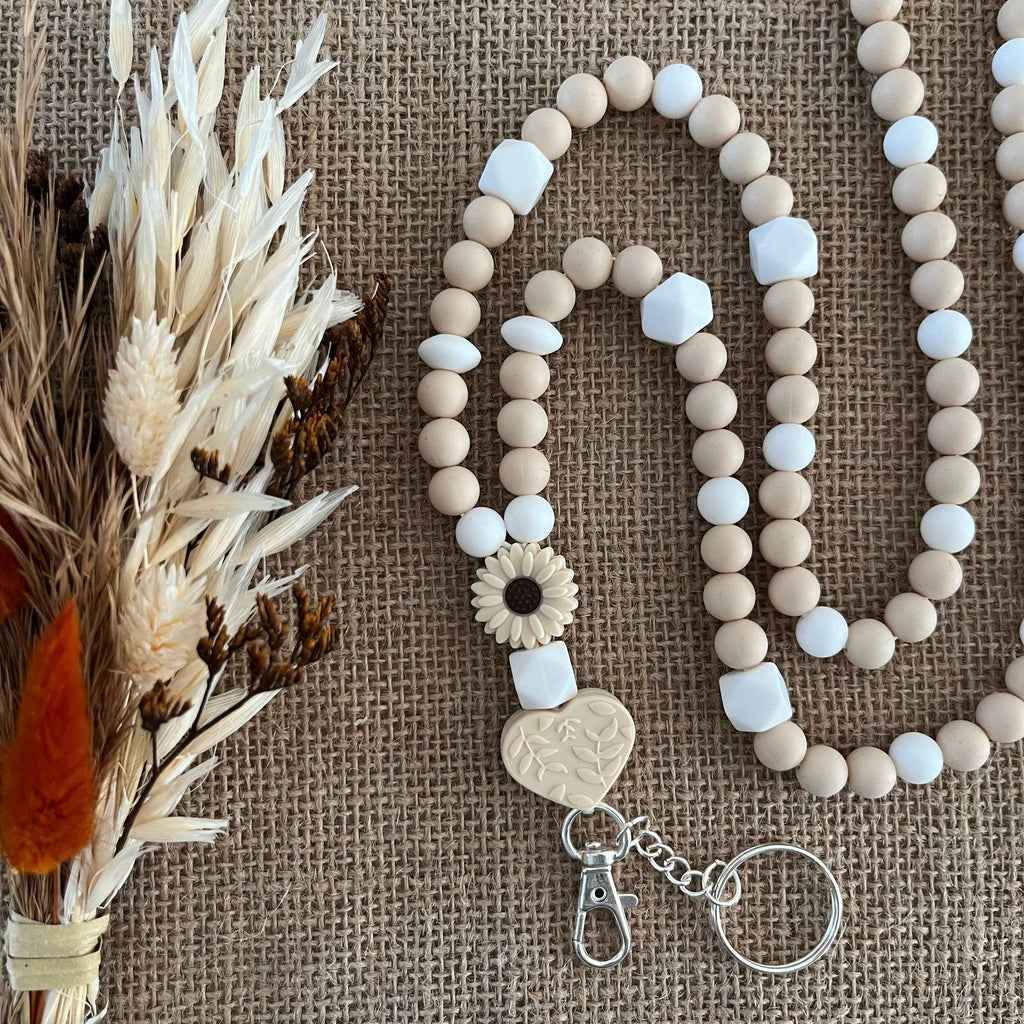 Tour de Cou Porte Badge Crème Blanc – Lanyard Femme en Perles Silicone – Infirmière & Professionnel