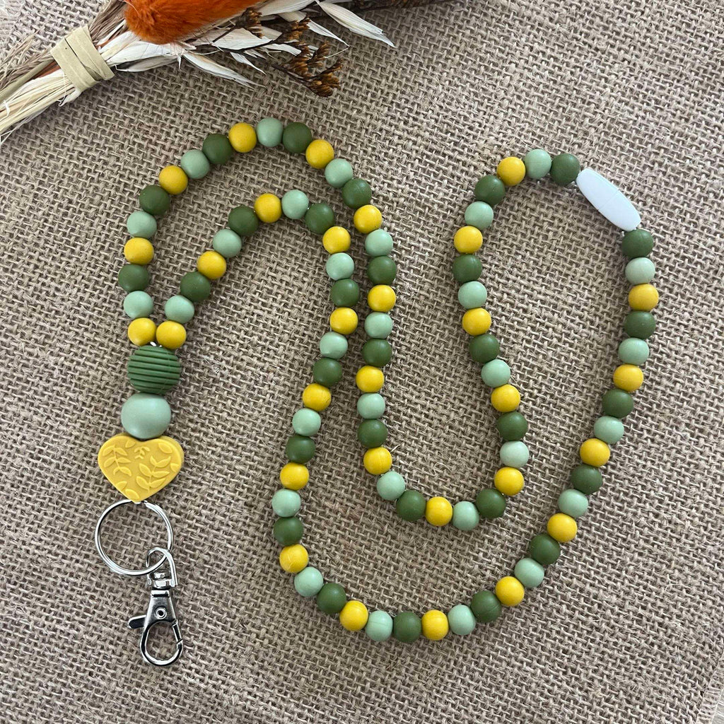Tour de cou porte-badge kaki et moutarde en perles de silicone Lanyard & Co