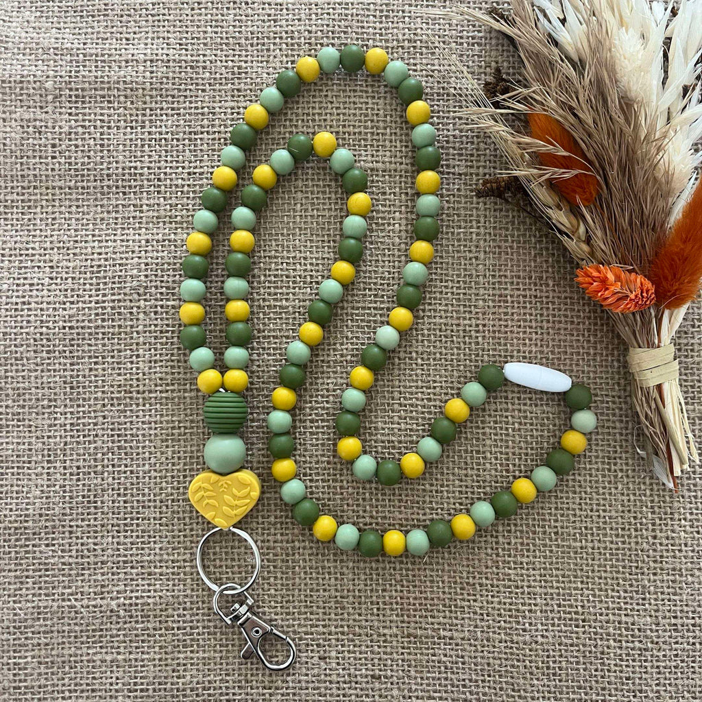 Tour de cou porte-badge kaki et moutarde en perles de silicone Lanyard & Co